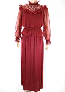 VTG 70s Jersey Maxi Dress w VICTORIAN Chiffon Lace Blouse Dress Outfit 