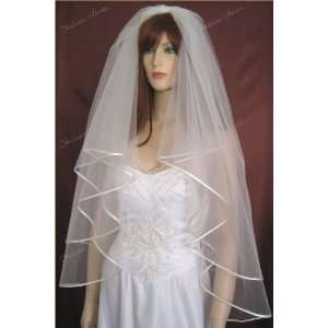  2T Ivory Fingertip Satin Trim Simple Bridal Wdding Veil 