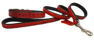 Leather Dog Collar Leash Croc Embossed Set Small Red  