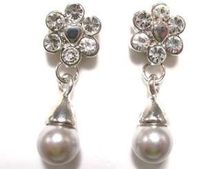 Silver Black Pearl Rhinestone Crystal Flower Heart Dangle Earrings 