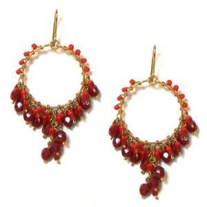   Glance Designs Goldtone and Red Bead Fringe Hoop Earrings Jewelry