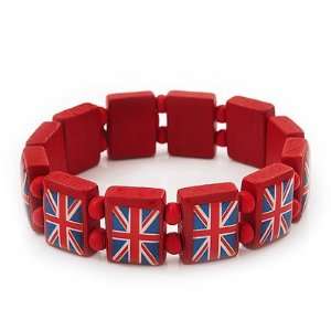 UK British Flag Union Jack Red Stretch Wooden Bracelet   up to 20cm 