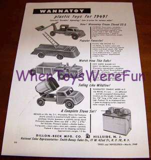 1949 Wannatoy Steam Shovel, Fire Engine, Mixer Trade Ad  