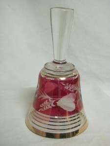 Yugoslavakia Etched Cranberry Crystal Bell   Original 1907 Foil Label 