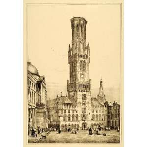  1915 Print Samuel Prout Art Bruges Belgium Belfry Tower 