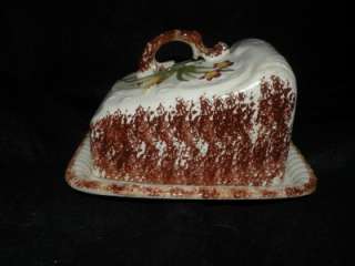 ANTIQUE SPONGED IRONSTONE FLORAL DECORATED CHEESE DISH  