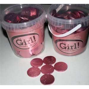 Its a Girl Pink Swiss Chocolate Coins Bucket of 144 Pieces  