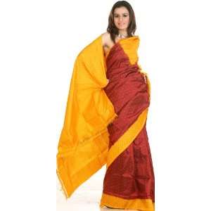  Maroon and Amber Ikat Sari from Pochampally   Pure Silk 