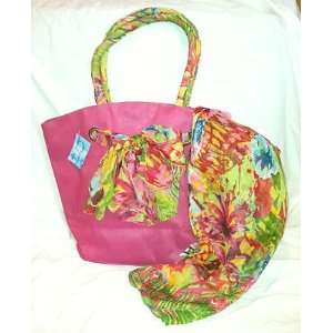  Beach Tote with Bow and Sarong   Pink 