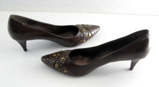 Vintage Nine West Brown Leather Gold STUDDED* Pointed Toe PUMPS Heel 