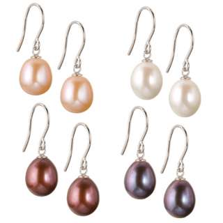   Silver Set of 4 Colors Genuine Freshwater Pearl Drop Earrings  