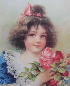 Victorian Look Print Little Girl Holding Red Rose  
