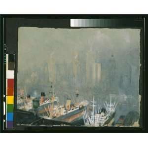  New York City skyline from Brooklyn Harbor,ships docked in 
