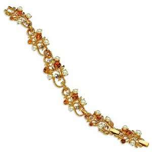 Gold plated Crystal & Simulated Pearl 7.5in Topaz Vine Bracelet/Gold 