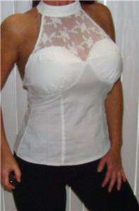 NWT SEXY WHITE MOCK CHOKER SHEER LACE CLUB HALTER TOP M  