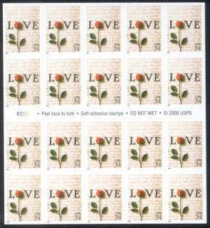 2001   ROSE & LOVE LETTERS   #3497a Mint Pane #B2222  