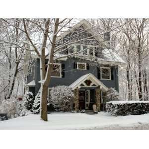 Shingled Home with Snow on Holiday Wreaths, Reading, Massachusetts 
