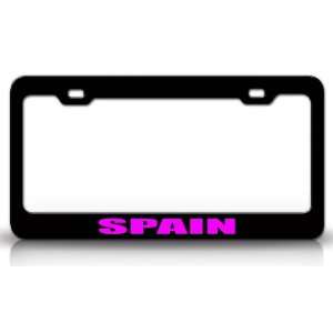 SPAIN Country Steel Auto License Plate Frame Tag Holder, Black/Pink
