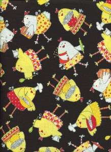 WHIMSICAL COOKING CHICKENS BLACK   Cotton Quilt Fabric  