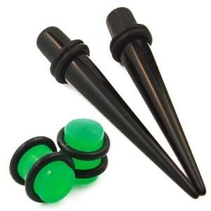   Black Ear Stretching Tapers with Green Glow Plugs ~ 0G Gauge Jewelry