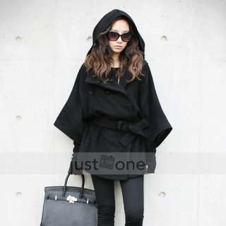 CHIC WOMEN FOX FUR COLLAR HOODED BATWING CAPE PONCHO MANTLE HOODIE 