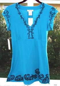   BLUE CAP SLEEVE EMBROIDERED COTTON SHIRT TUNIC TOP BLOUSE S NEW  