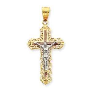  14K Tri Color Diamond Cut Crucifix Pendant Jewelry