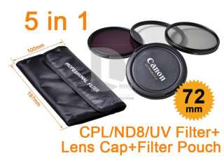 5in 1 72mm UV / ND8 / CPL Filter Kit + Lens Cup + Pouch For Canon 