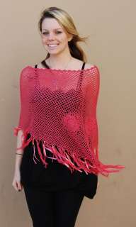 NEW RedFish Designs Crochet Poncho with satin ribbon fringe detail 