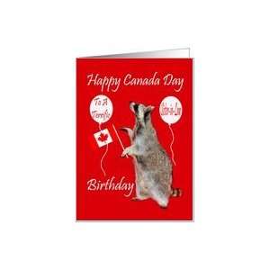 Canada Day Birthday to Sister in Law, Raccoon with flag and balloons 