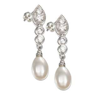   Teardrop Cubic Zirconia Post Earrings with Pearl Dangles. Jewelry