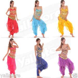 Hot Belly Dance Costume Top + Gold Wavy Pants Bloomers + Hip Scarf 