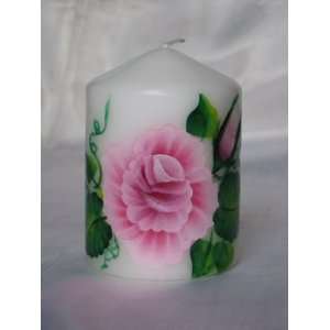  3 Hand painted Pink Rose Pillar Candle