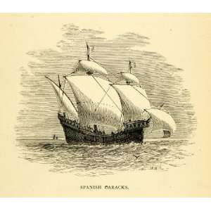  1878 Wood Engraving Spanish Caracks Sailing Sailboat Mast 