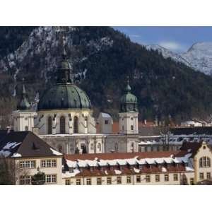 Domes and Clock Towers of Ettal Abbey in Winter, in Bavaria, Germany 