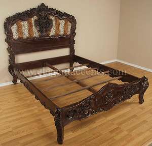 Carved Mahogany Rococo Bed Queen Size Leopard Print  
