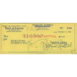 ROSALIND RUSSELL HAND SIGNED CHECK AUTOGRAPHED HOLLYWOOD ACTRESS