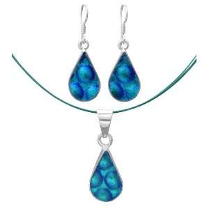   Dichroic Glass Bezel Set Blue Teardrop Pendant and Earrings Set, 18