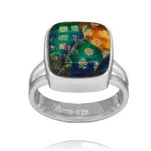 Sterling Silver Dichroic Glass Bezel Set Green and Orange Ring, Size 6 