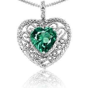   Lab Created Heart Shaped Emerald and Diamond Pendant(MetalWhite Gold
