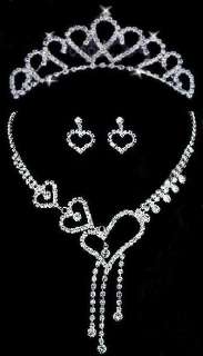 Bridal Wedding Jewelry Crystal Heart Tassel Earrings Necklace Crown 