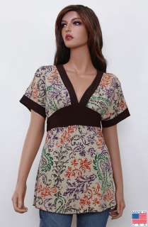 New Brown Floral Print Kimono Tunic Top V Neck Empire Waist Tie Back 
