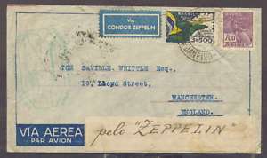 Brazil To UK By Zeppelin Cover 1933 w 2 Stamps L@@K  