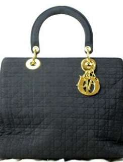 AUTH. BLACK CHRISTIAN DIOR LADY CANNAGE QUILTED BAG GOLD CHARM CD 