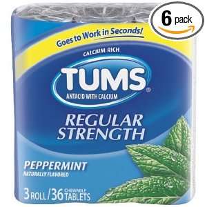 Tums Regular Strength, Peppermint, 3 12 count Rolls (Pack of 6) Total 