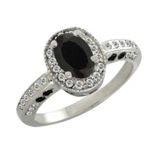 26 Ct Oval Black Onyx White Sapphire 14K White Gold Ring  