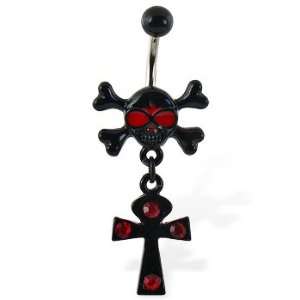  Navel ring with black skull and dangling black cross 
