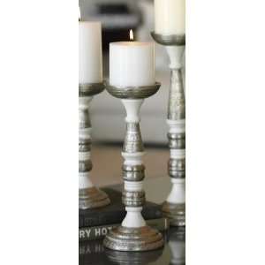 Set of 2 Medium Pillar Holders in Antique Silver Metal and White Wood