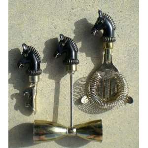   Japan Brass Metal Horsehead Horse Barware Set 1950s 