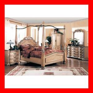 Traditional Maple Color Queen King Poster Canopy Bed 4 Pcs Marble 